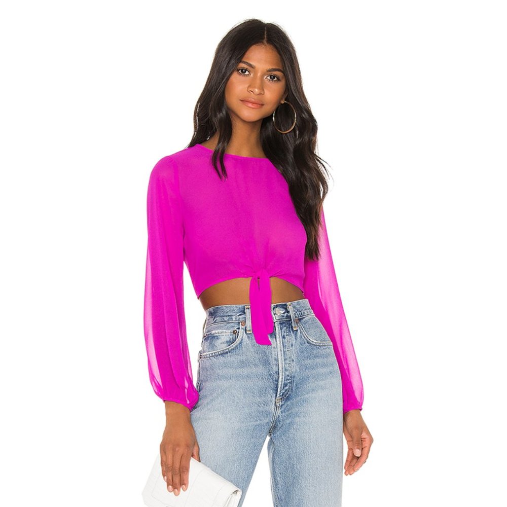 NWT superdown Jemma Sheer Long Sleeve Tie Front Shirt Crop Top Fuchsia Medium